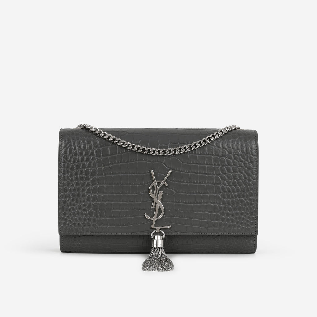 Saint Laurent Medium Kate Tassel Bag - Grey Croc Embossed | Silver Hardware