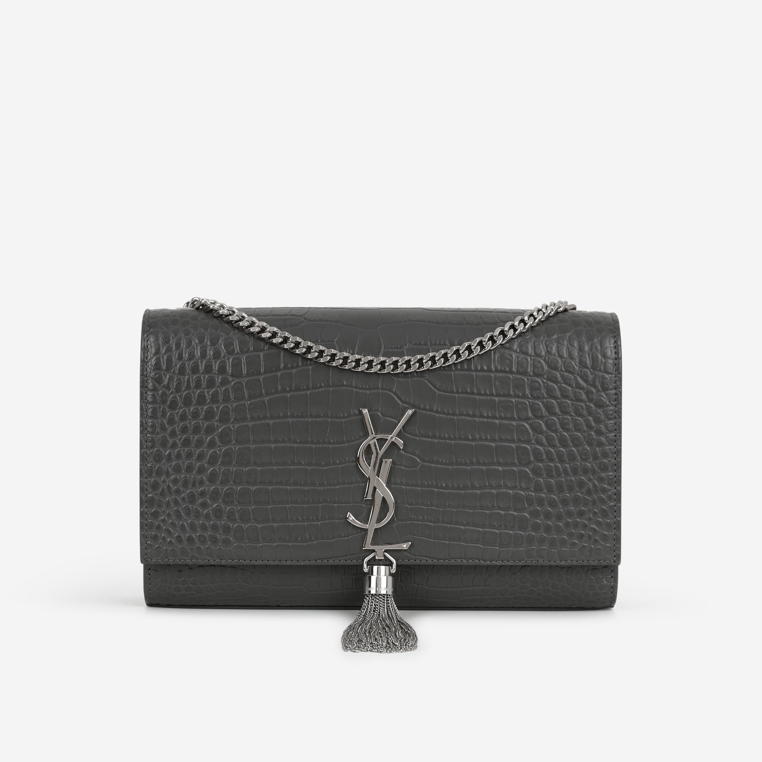 Saint Laurent Medium Kate Tassel Bag - Grey Croc Embossed | Silver Hardware