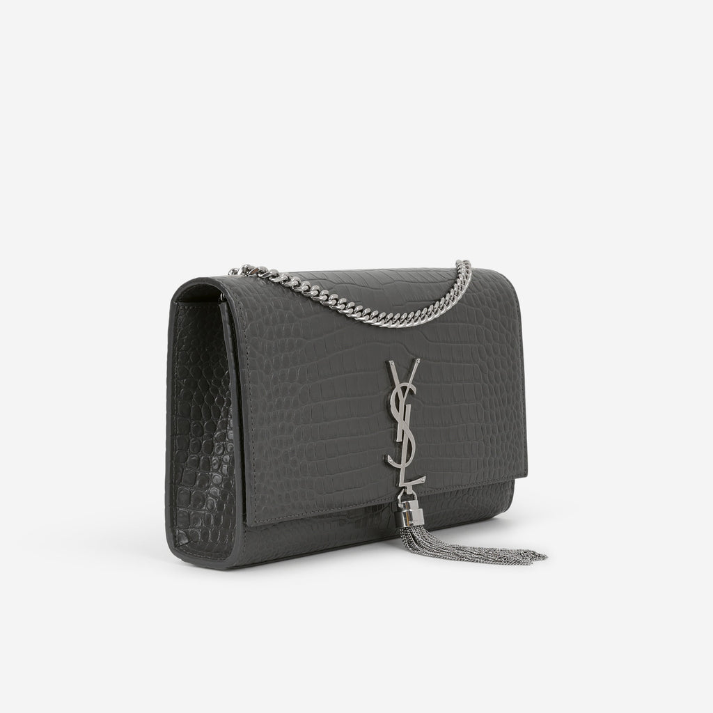 Saint Laurent Medium Kate Tassel Bag - Grey Croc Embossed | Silver Hardware