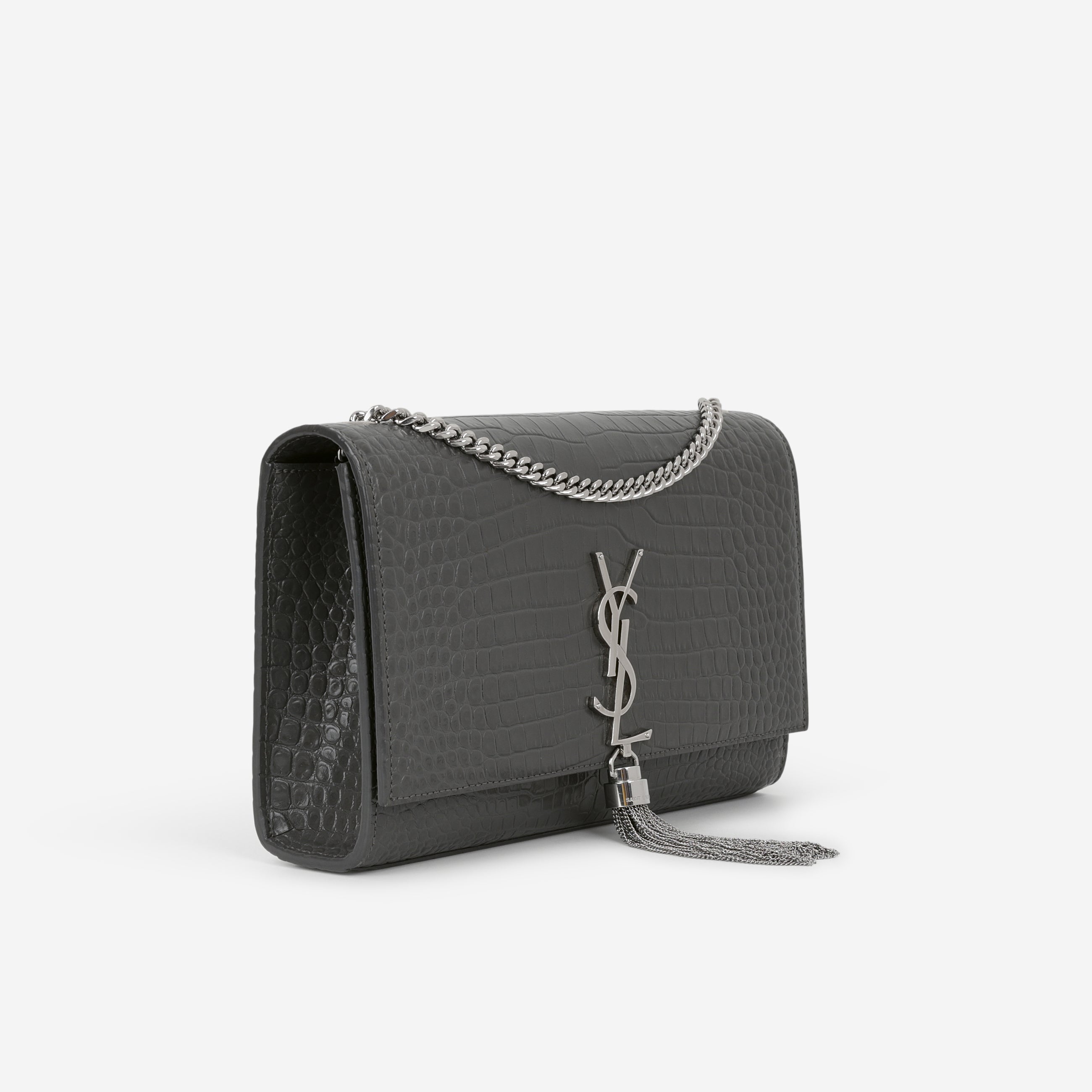 Saint Laurent Medium Kate Tassel Bag - Grey Croc Embossed | Silver Hardware