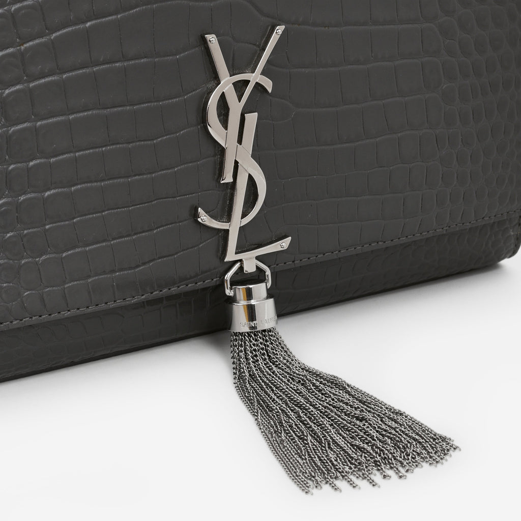 Saint Laurent Medium Kate Tassel Bag - Grey Croc Embossed | Silver Hardware