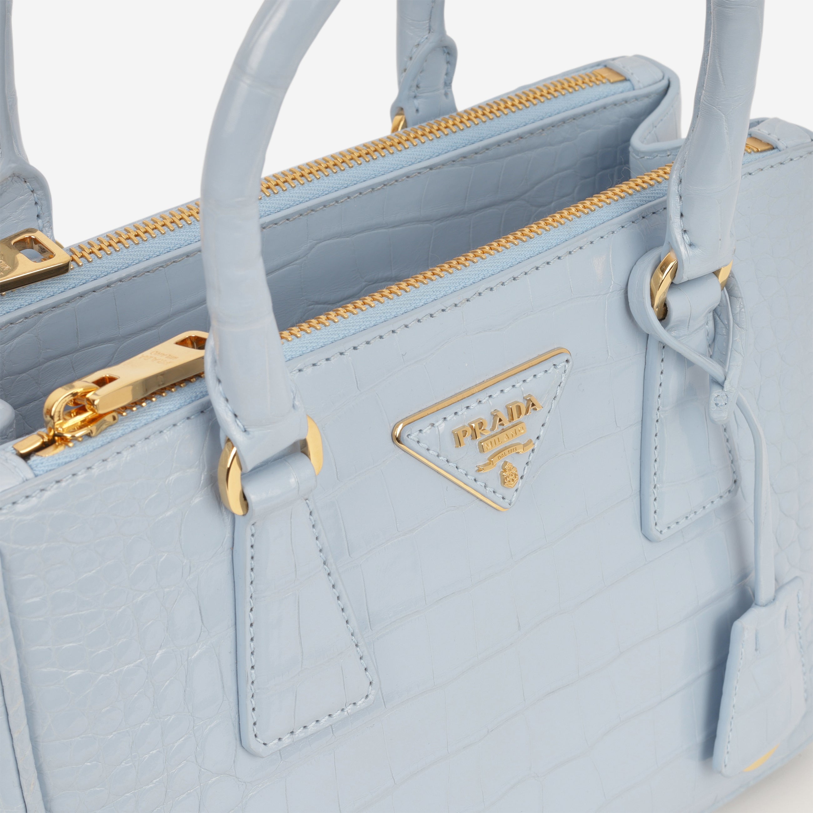 Prada Small Galleria - Light Blue Crocodile | Gold Hardware