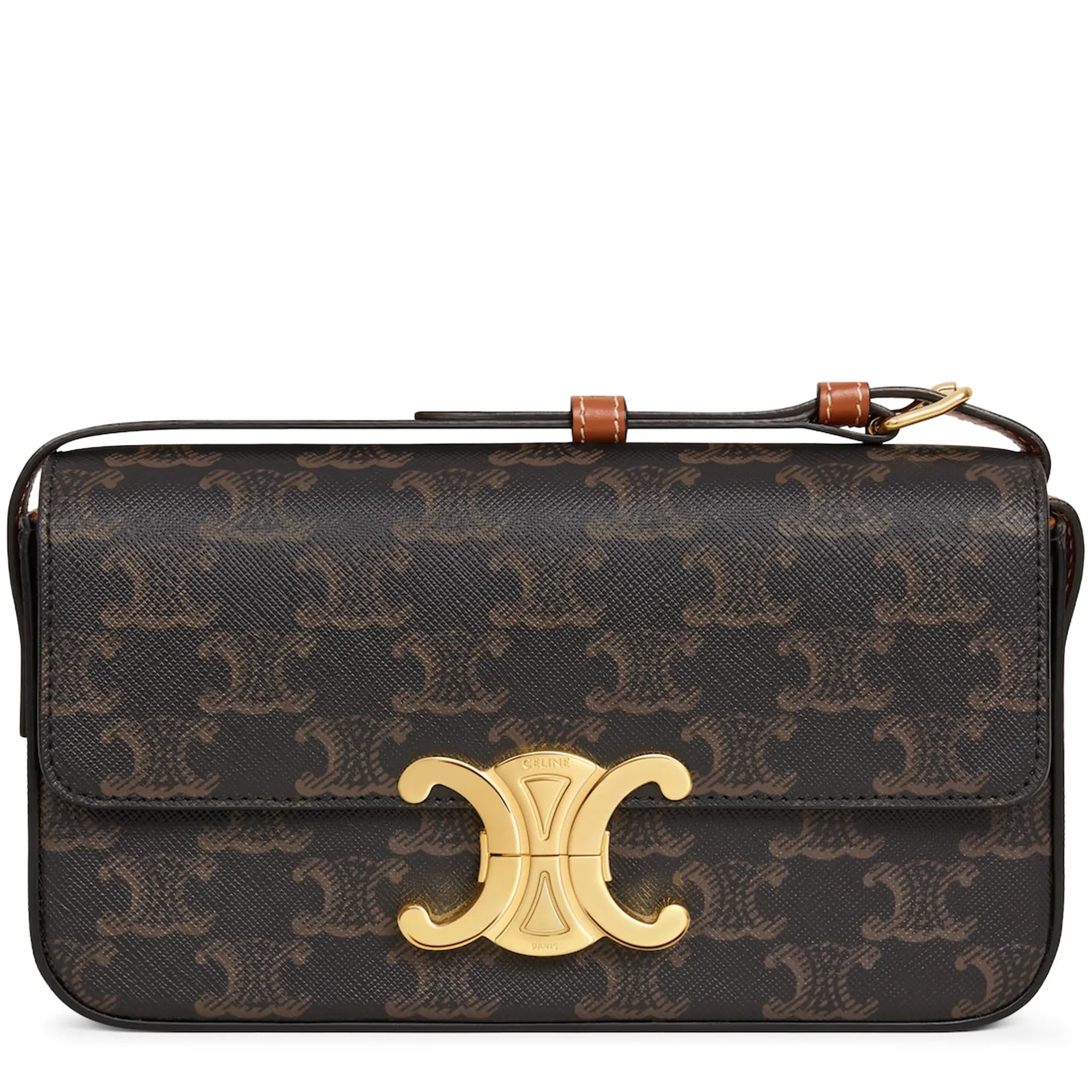 Celine Claude Triomphe Canvas and Calfskin Tan Shoulder Bag