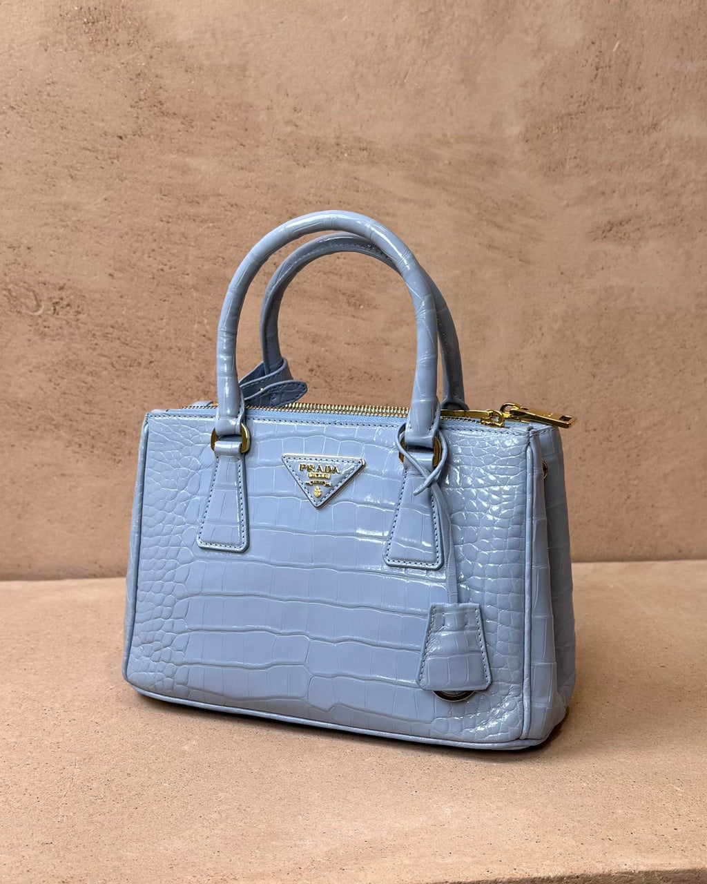 Prada Small Galleria - Light Blue Crocodile | Gold Hardware