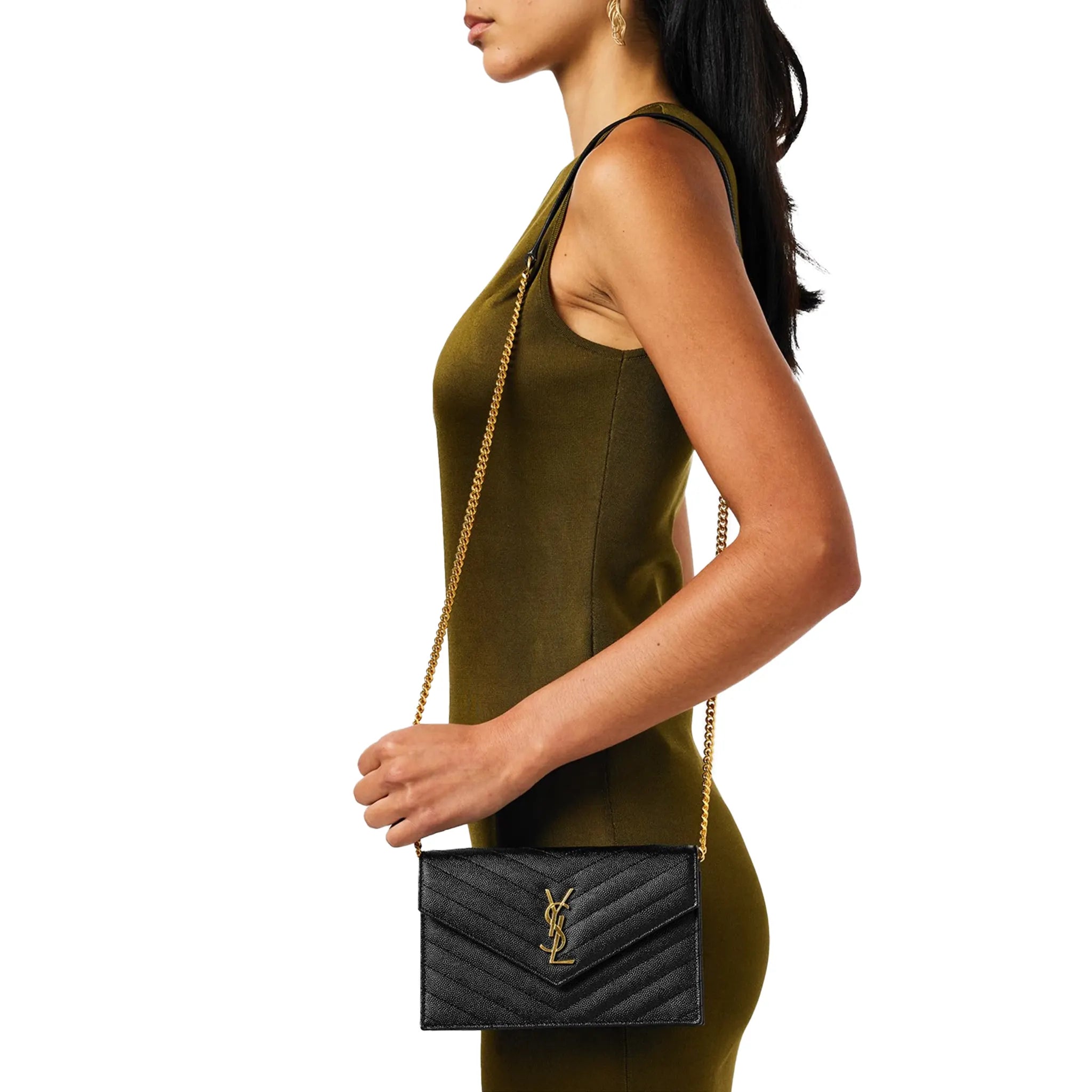 Saint Laurent Monogram Envelope Black Gold Crossbody Bag