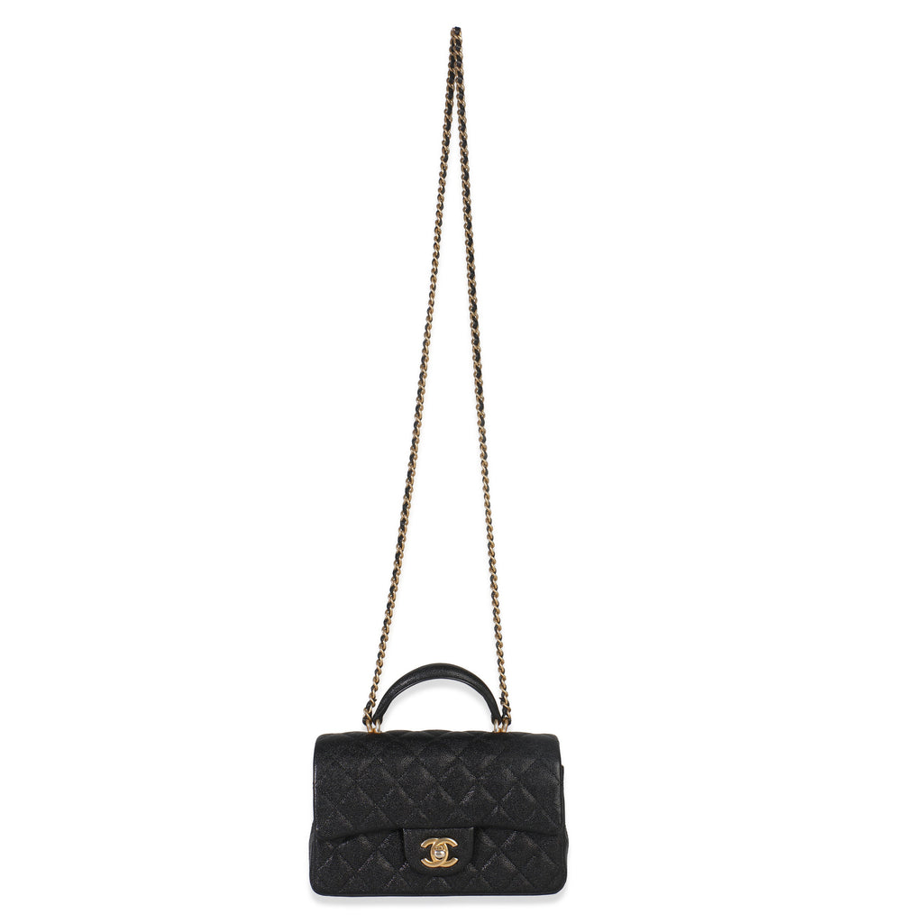 Black Quilted Caviar Mini Top Handle Rectangular Flap Handbag