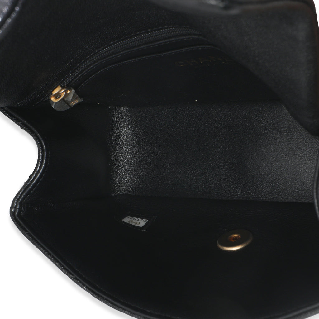 Black Quilted Caviar Mini Top Handle Rectangular Flap Handbag