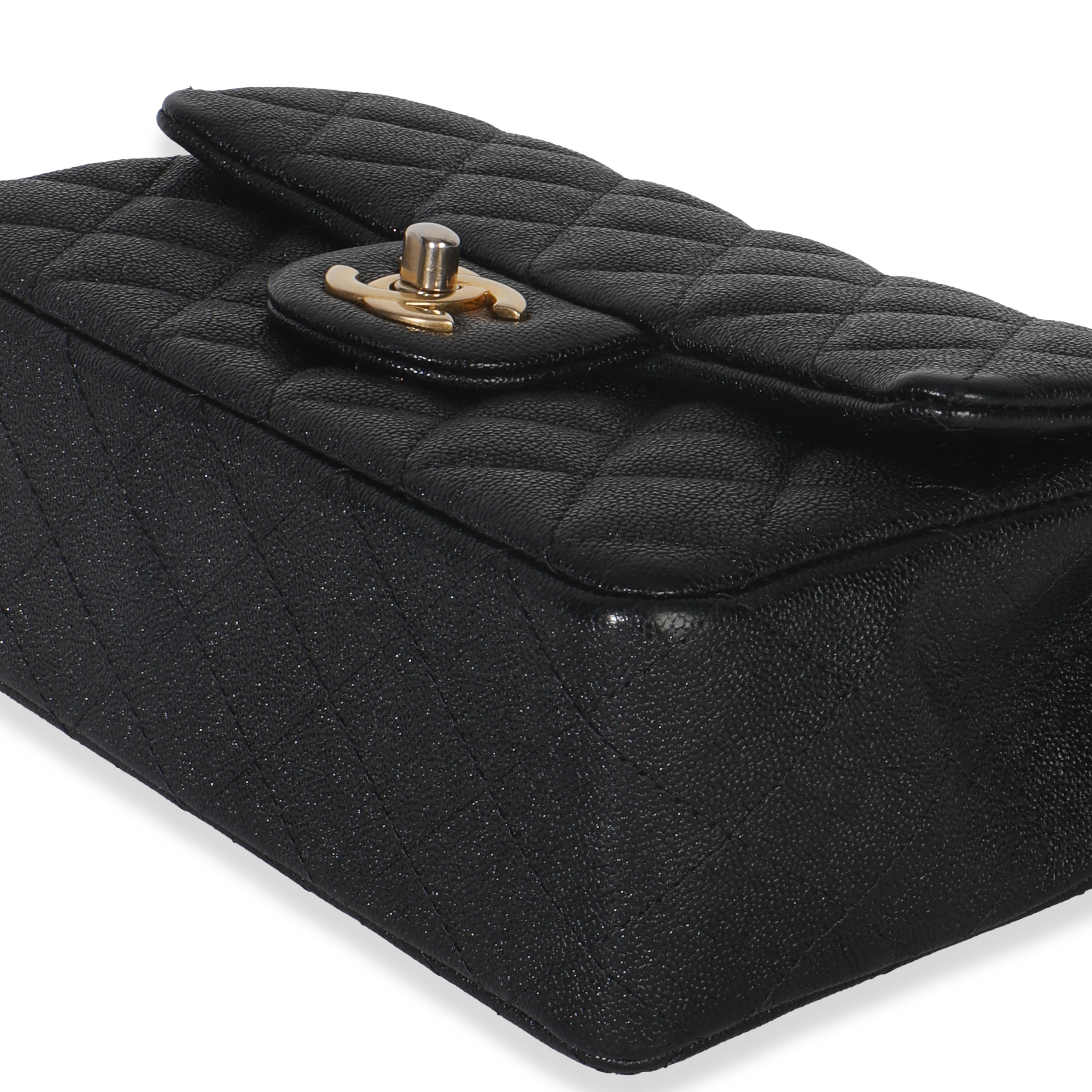 Black Quilted Caviar Mini Top Handle Rectangular Flap Handbag