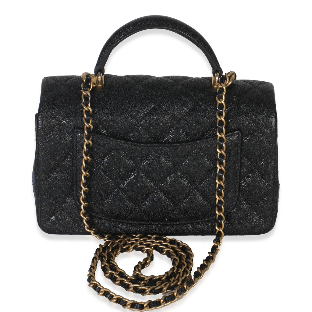 Black Quilted Caviar Mini Top Handle Rectangular Flap Handbag