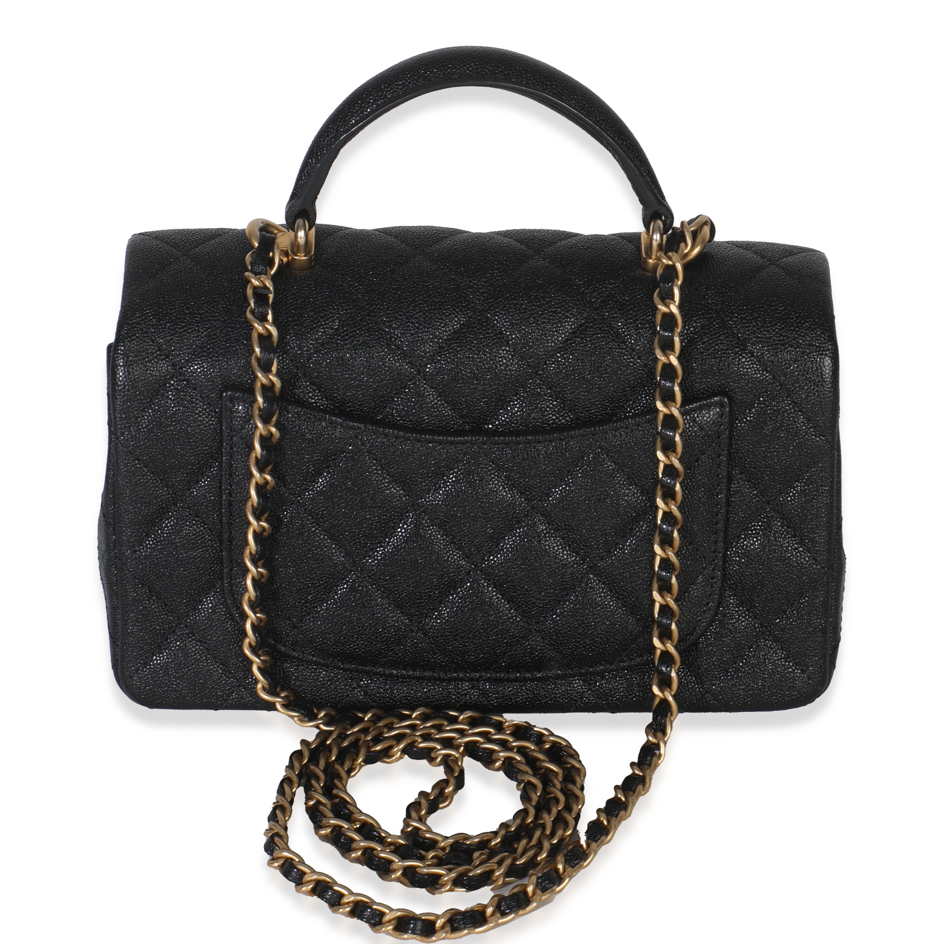 Black Quilted Caviar Mini Top Handle Rectangular Flap Handbag