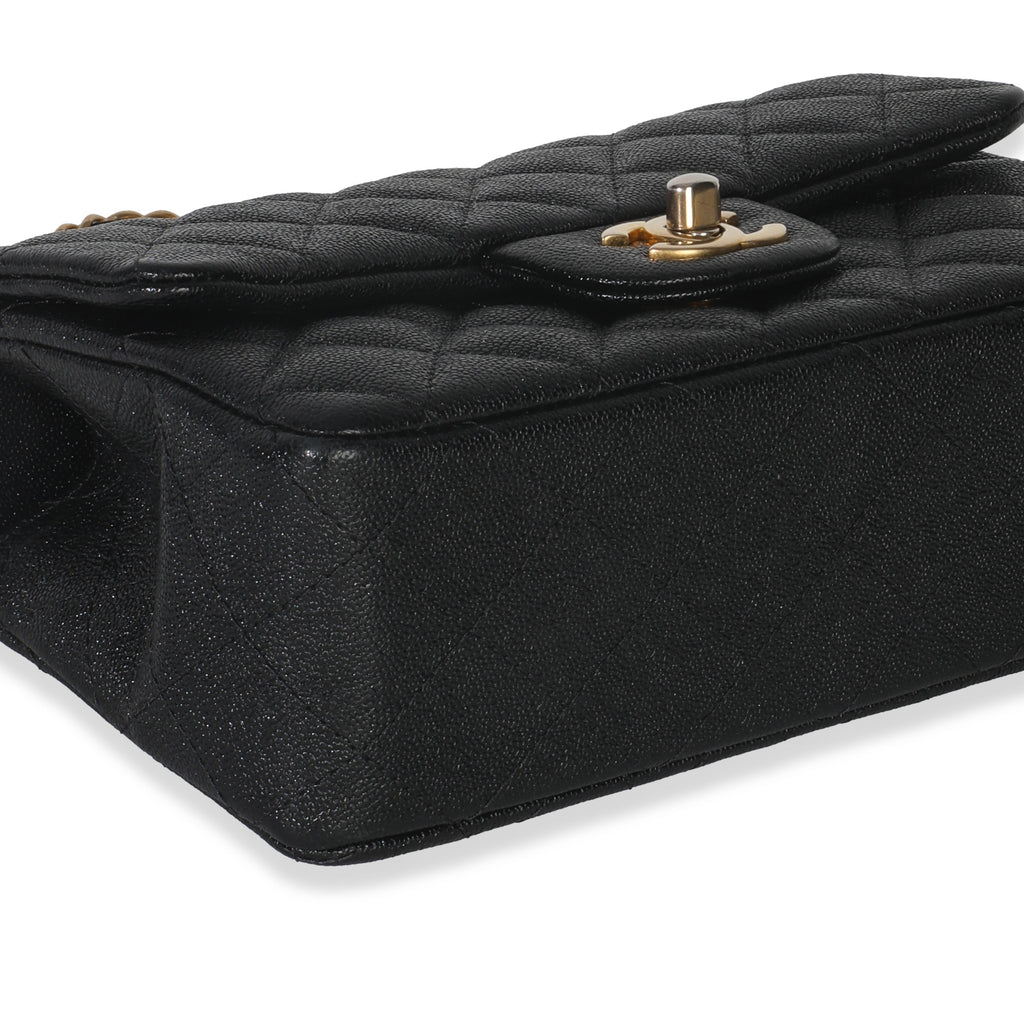 Black Quilted Caviar Mini Top Handle Rectangular Flap Handbag