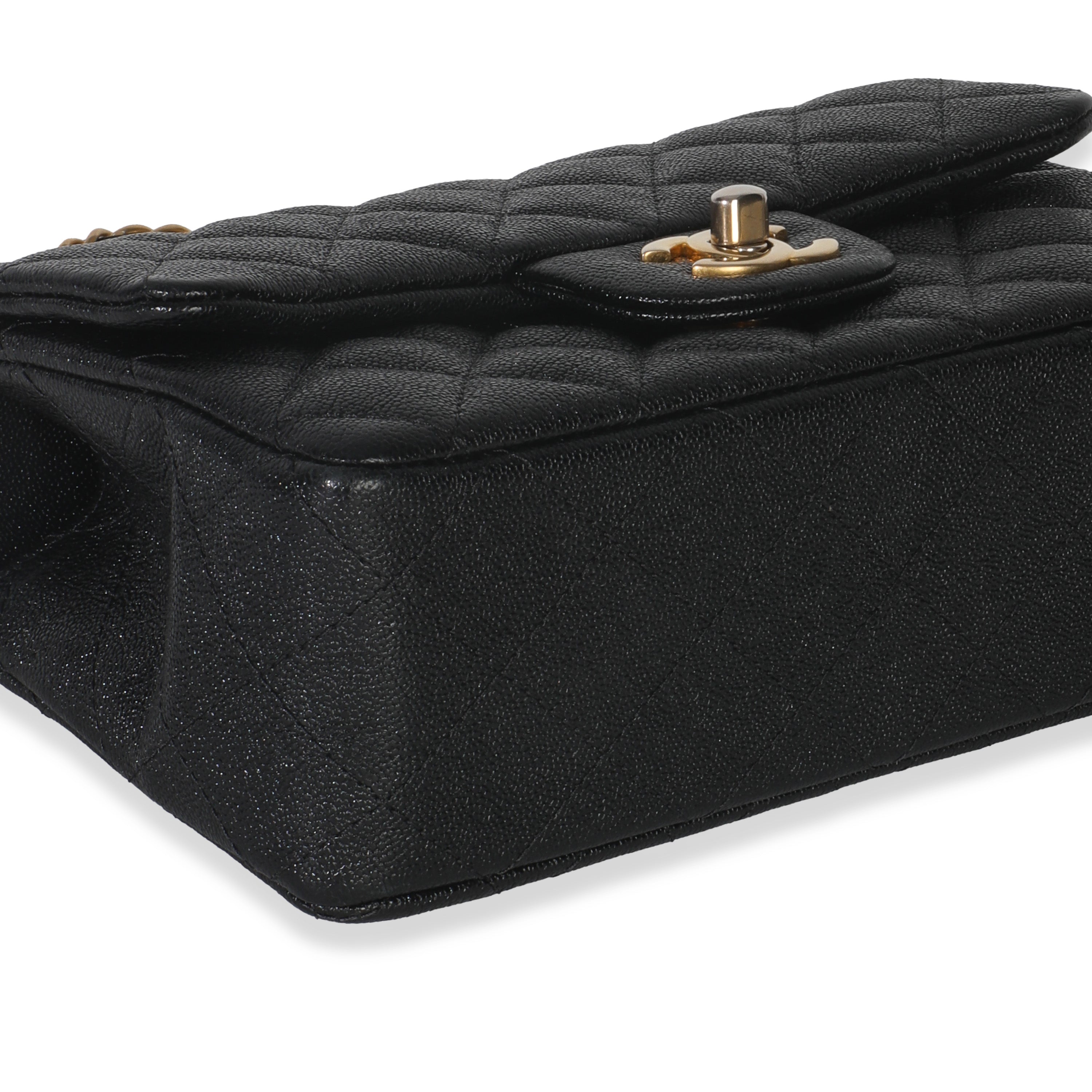 Black Quilted Caviar Mini Top Handle Rectangular Flap Handbag