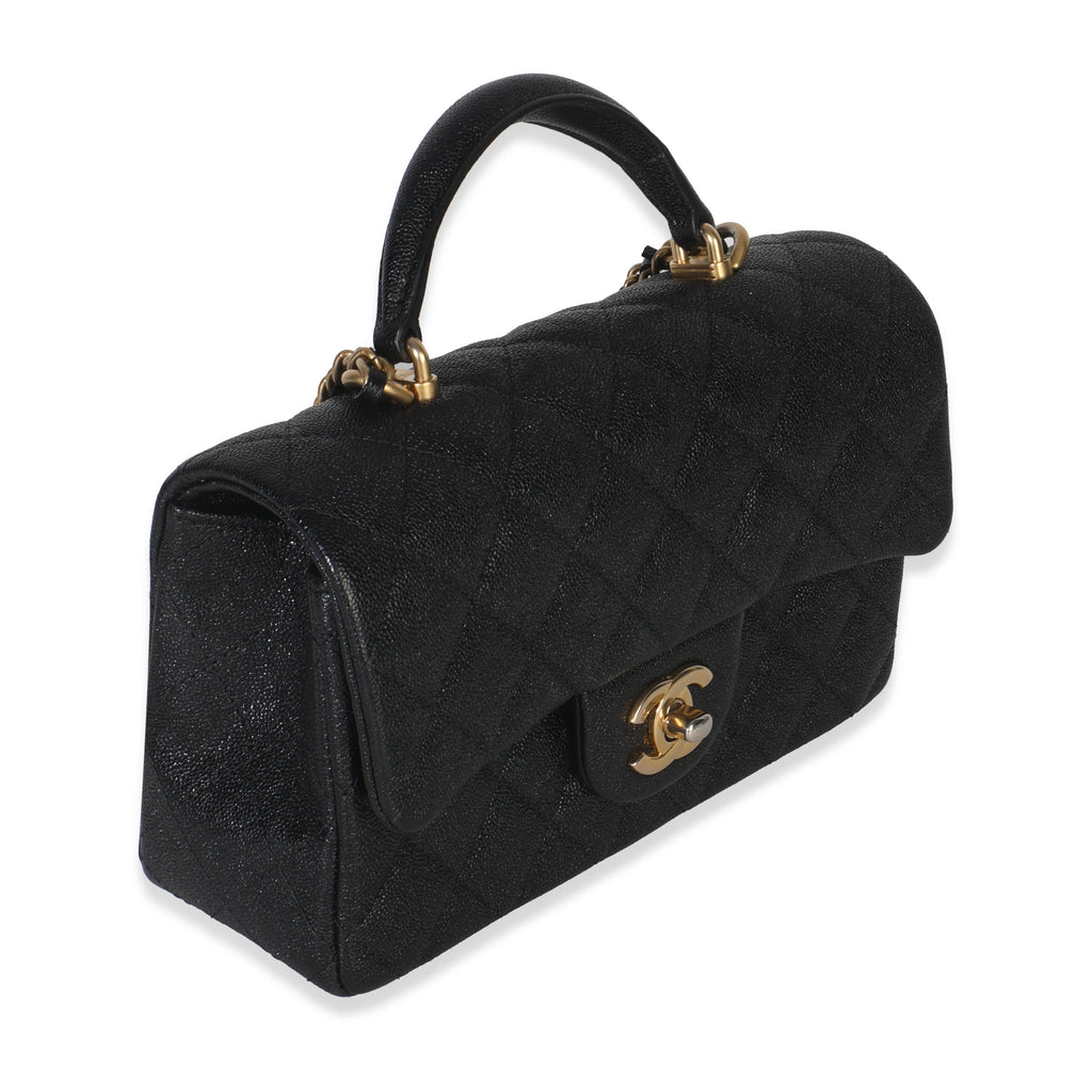 Black Quilted Caviar Mini Top Handle Rectangular Flap Handbag
