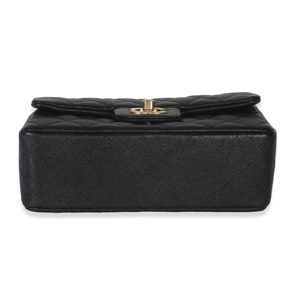 Black Quilted Caviar Mini Top Handle Rectangular Flap Handbag
