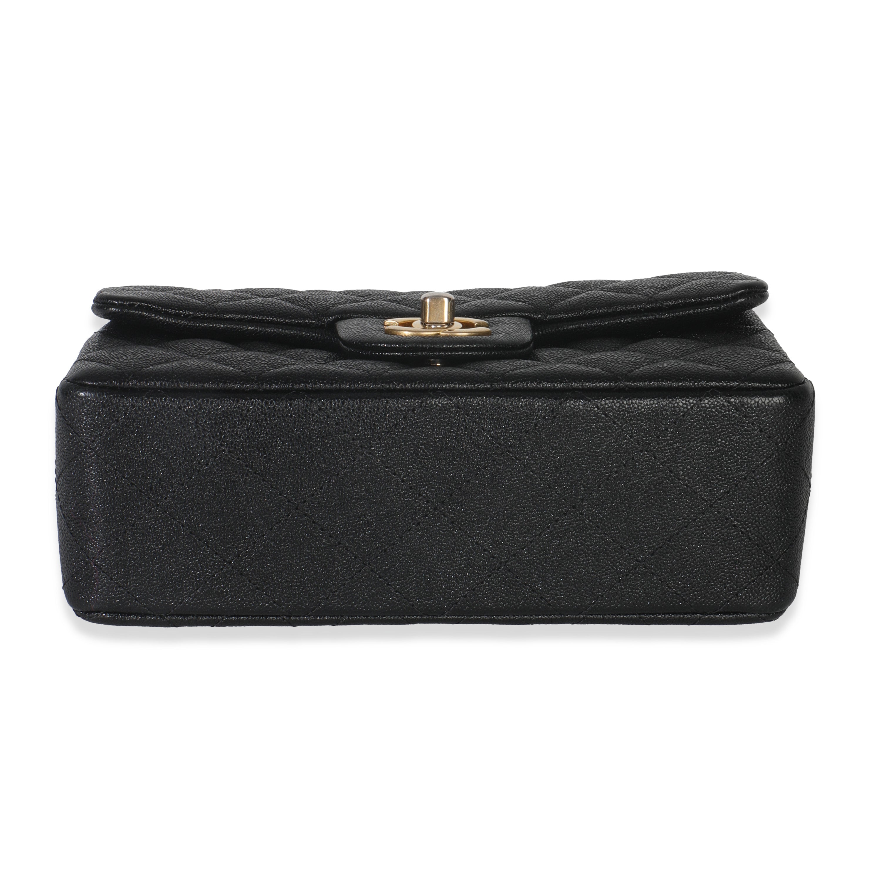 Black Quilted Caviar Mini Top Handle Rectangular Flap Handbag