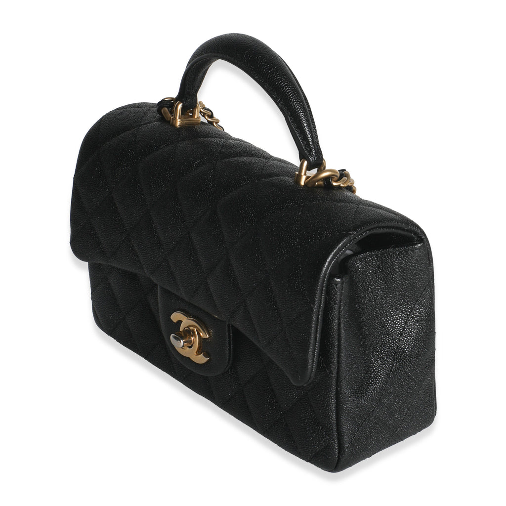 Black Quilted Caviar Mini Top Handle Rectangular Flap Handbag