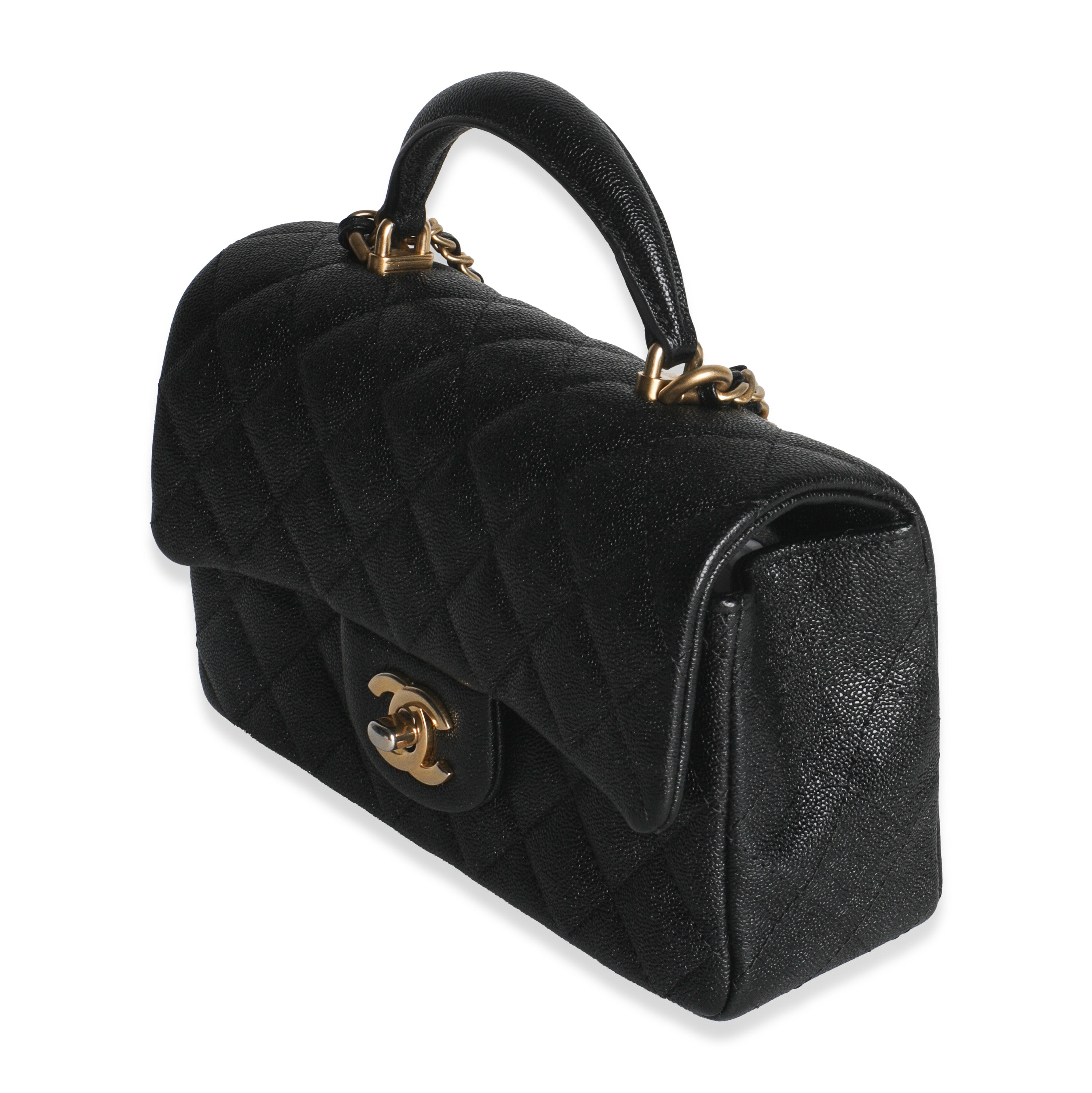 Black Quilted Caviar Mini Top Handle Rectangular Flap Handbag
