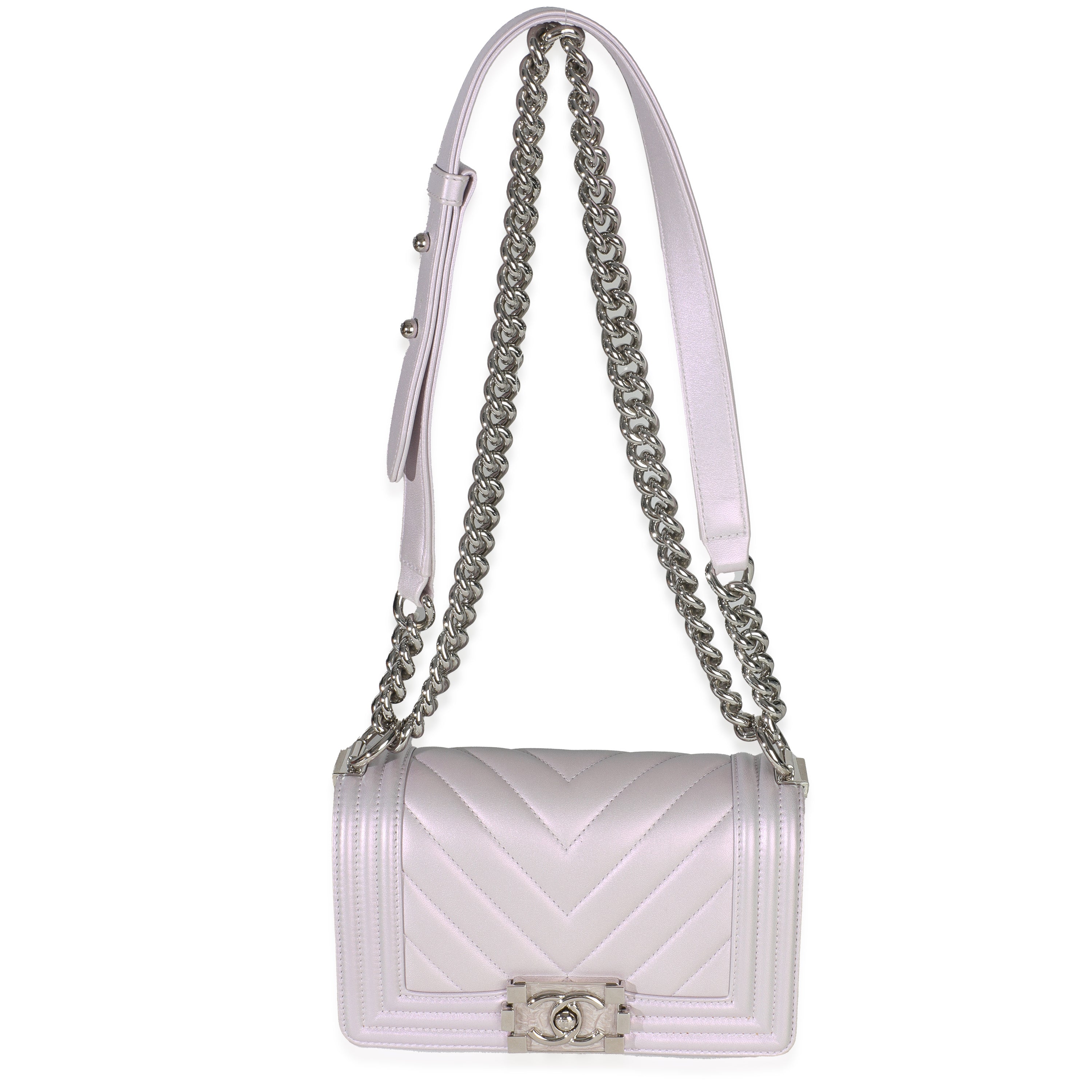 Purple Metallic Lambskin Chevron Quilted Small Boy Bag