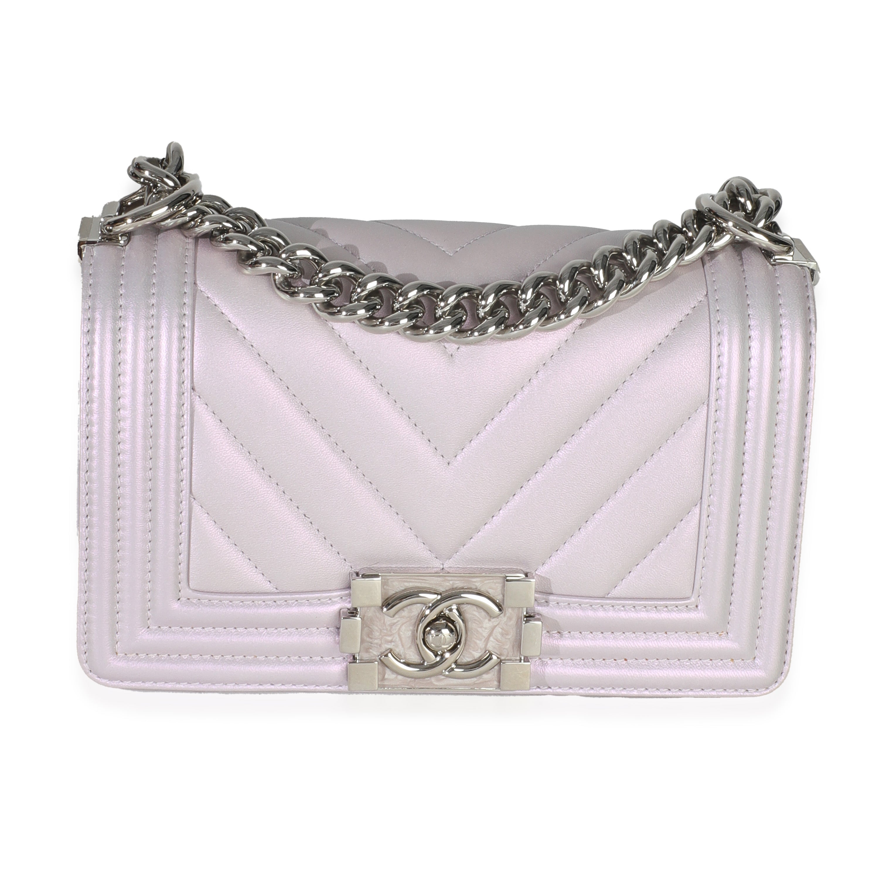 Purple Metallic Lambskin Chevron Quilted Small Boy Bag