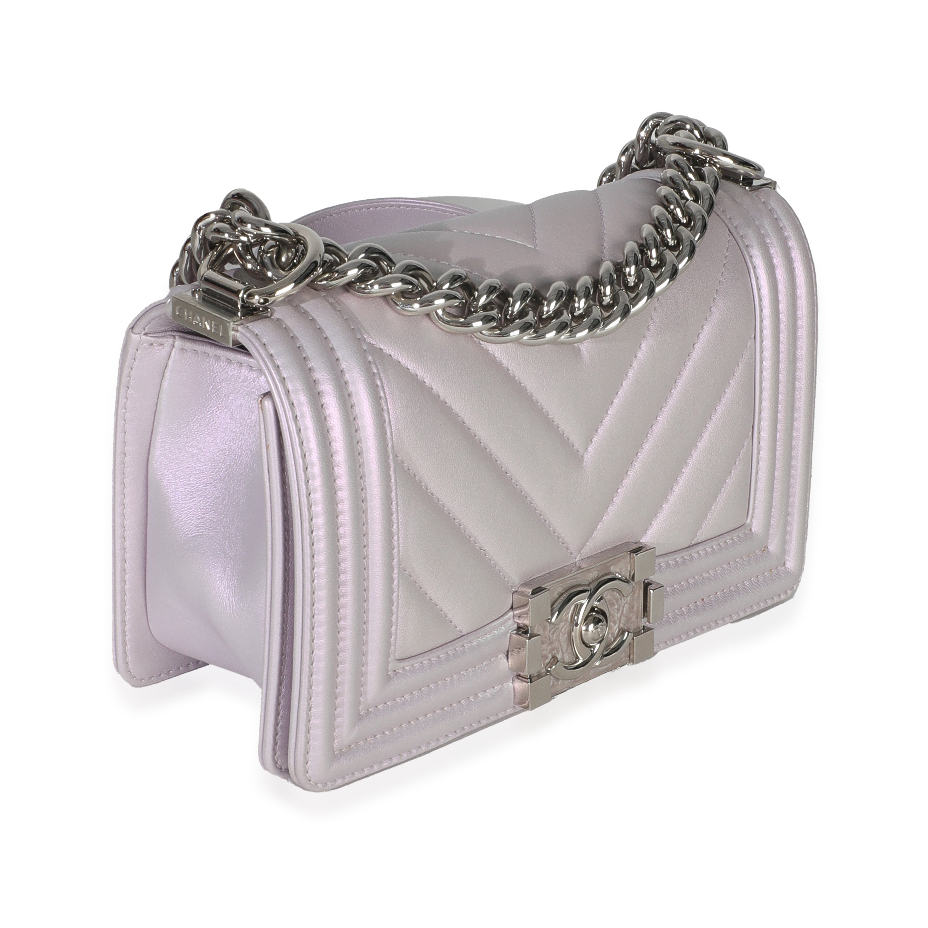 Purple Metallic Lambskin Chevron Quilted Small Boy Bag