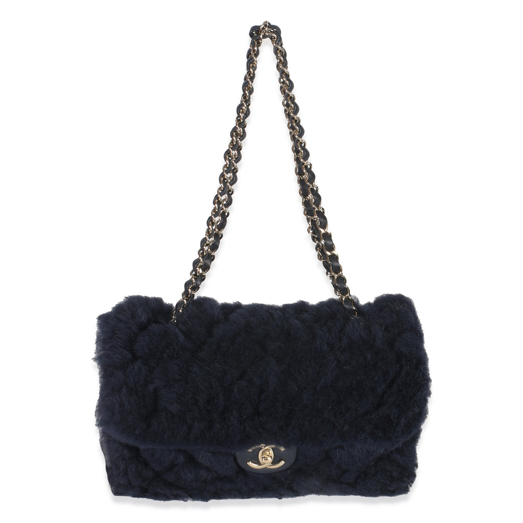 Navy Shearling Quilted Lambskin Medium Flap Bag