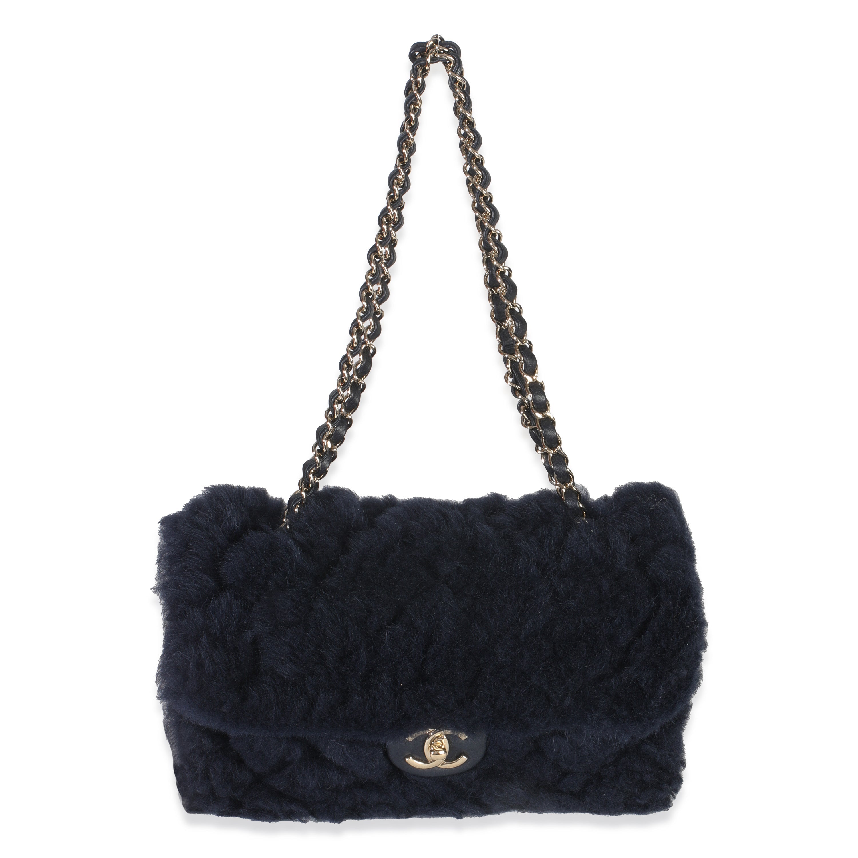 Navy Shearling Quilted Lambskin Medium Flap Bag