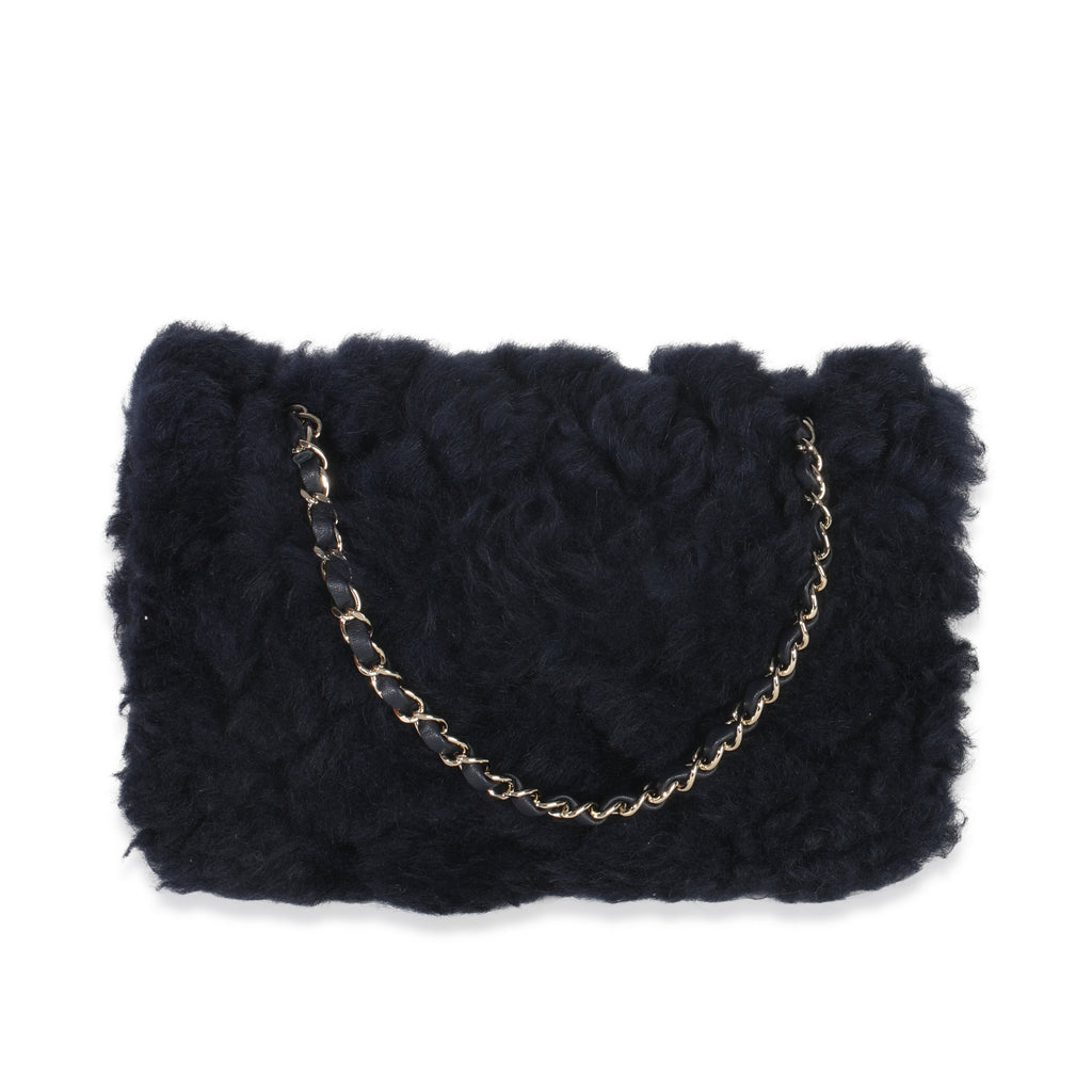 Navy Shearling Quilted Lambskin Medium Flap Bag