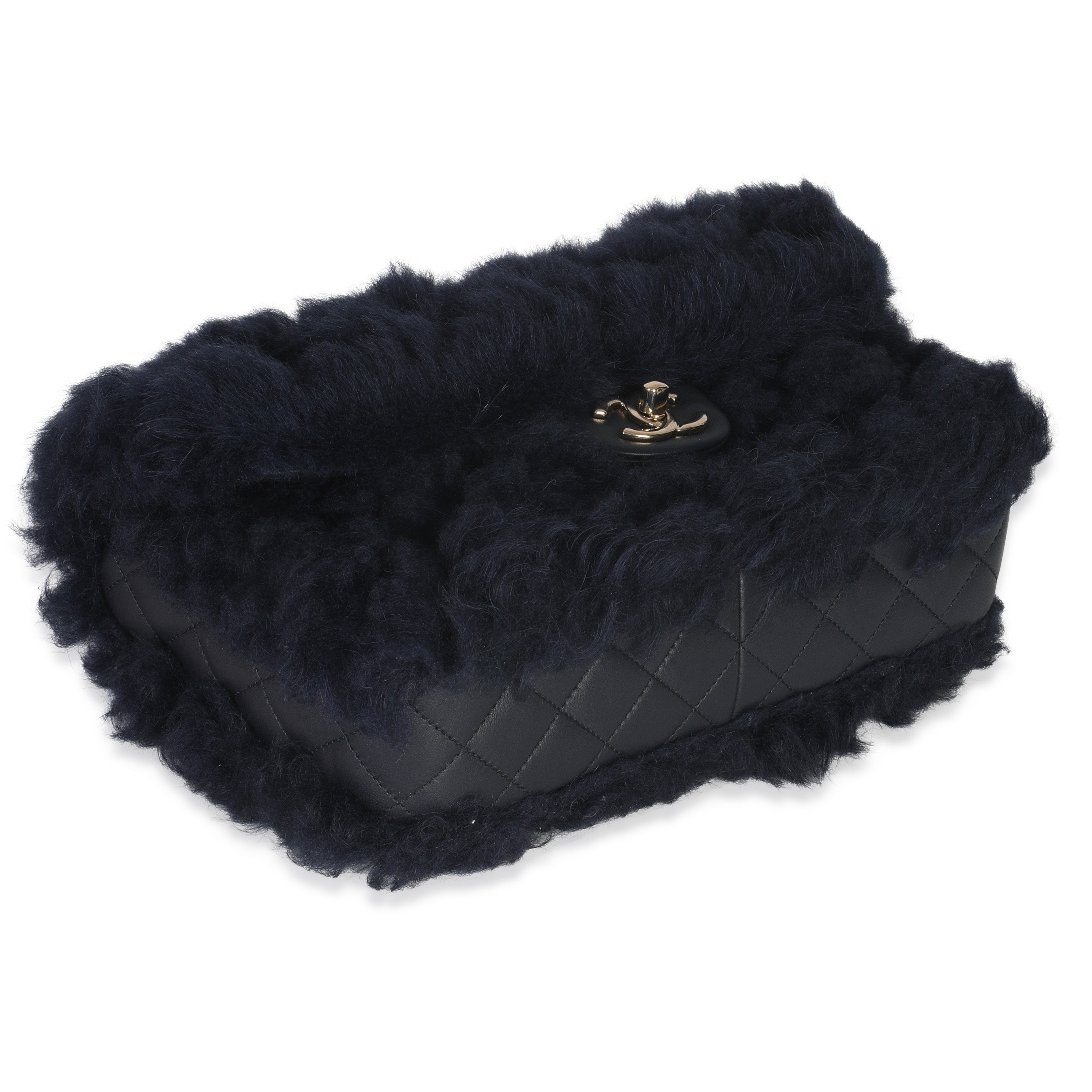 Navy Shearling Quilted Lambskin Medium Flap Bag