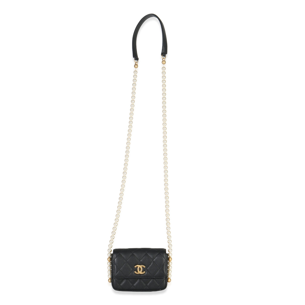Black Quilted Calfskin About Pearls Card Holder With Chain