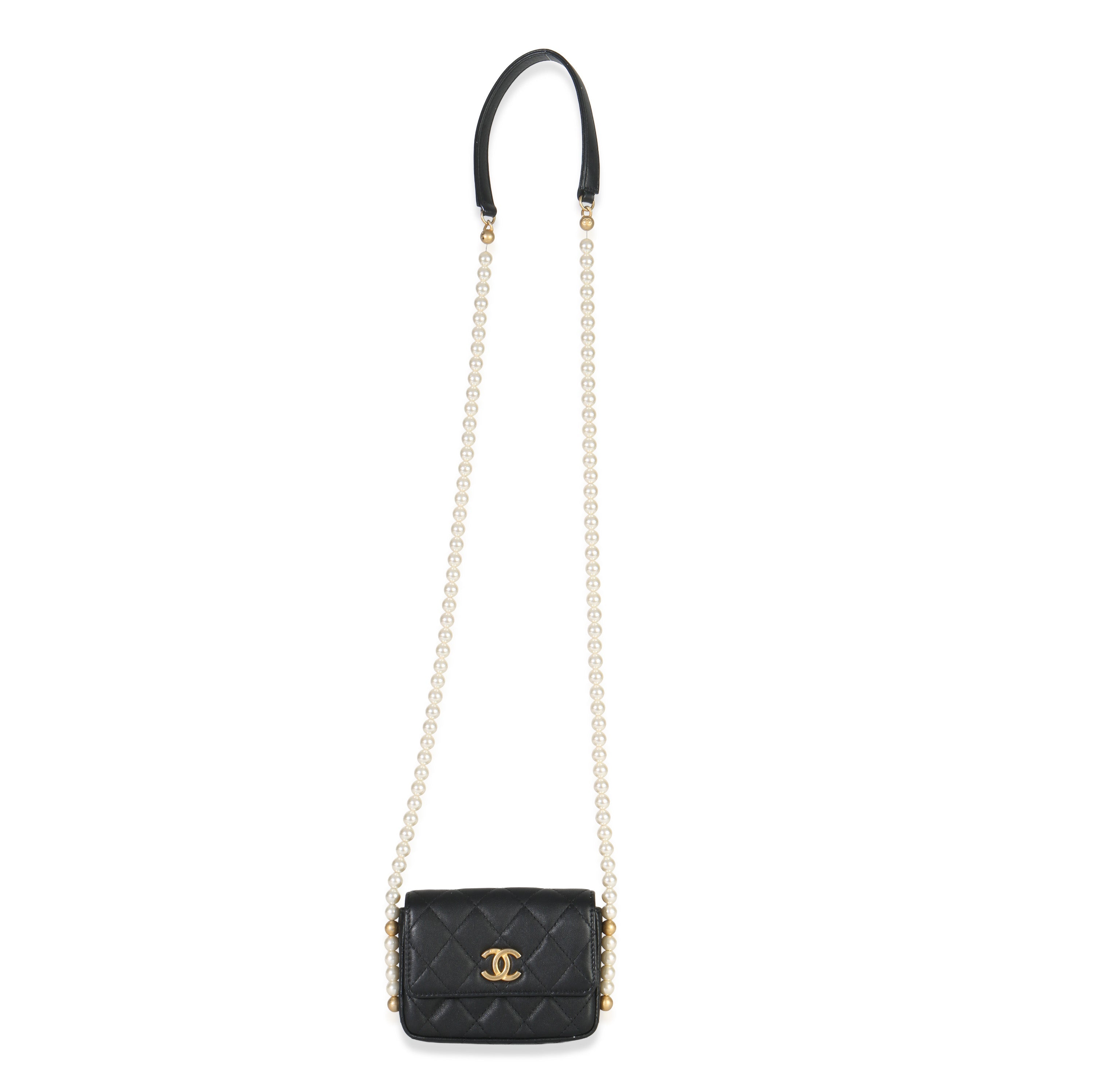 Black Quilted Calfskin About Pearls Card Holder With Chain