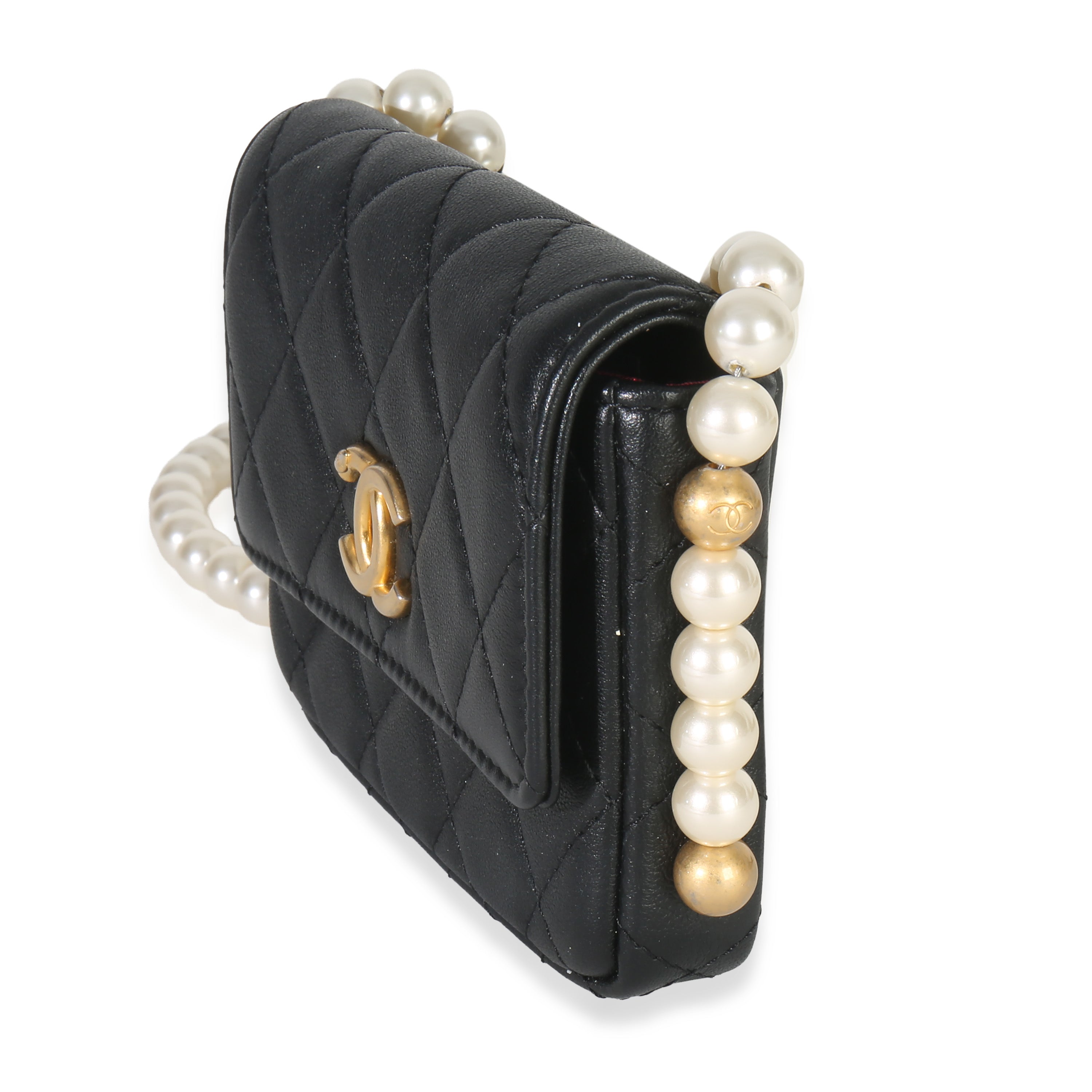 Black Quilted Calfskin About Pearls Card Holder With Chain