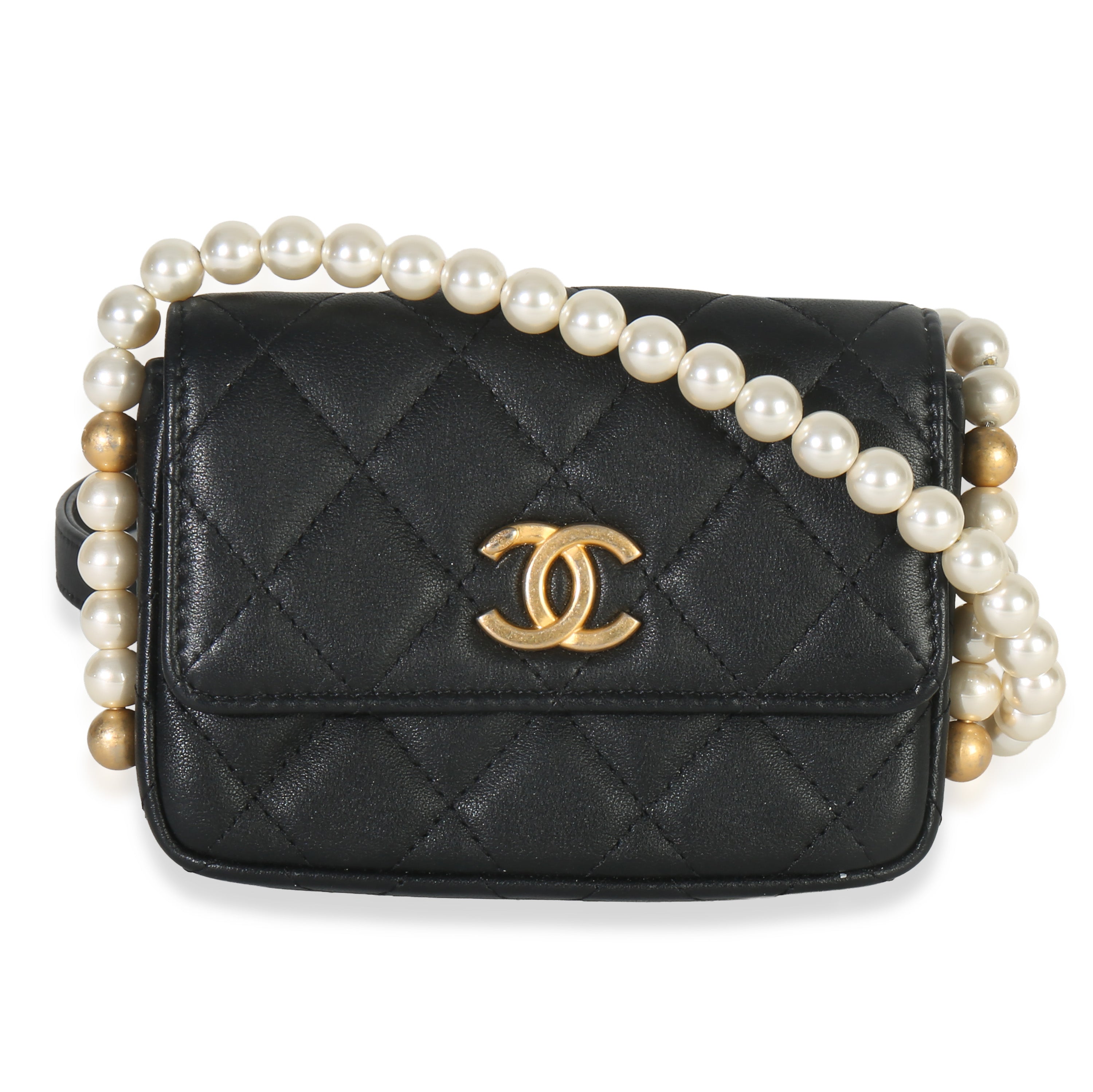 Black Quilted Calfskin About Pearls Card Holder With Chain