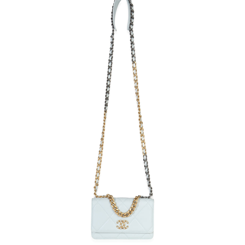 Pale Blue Quilted Lambskin Chanel 19 Wallet on Chain