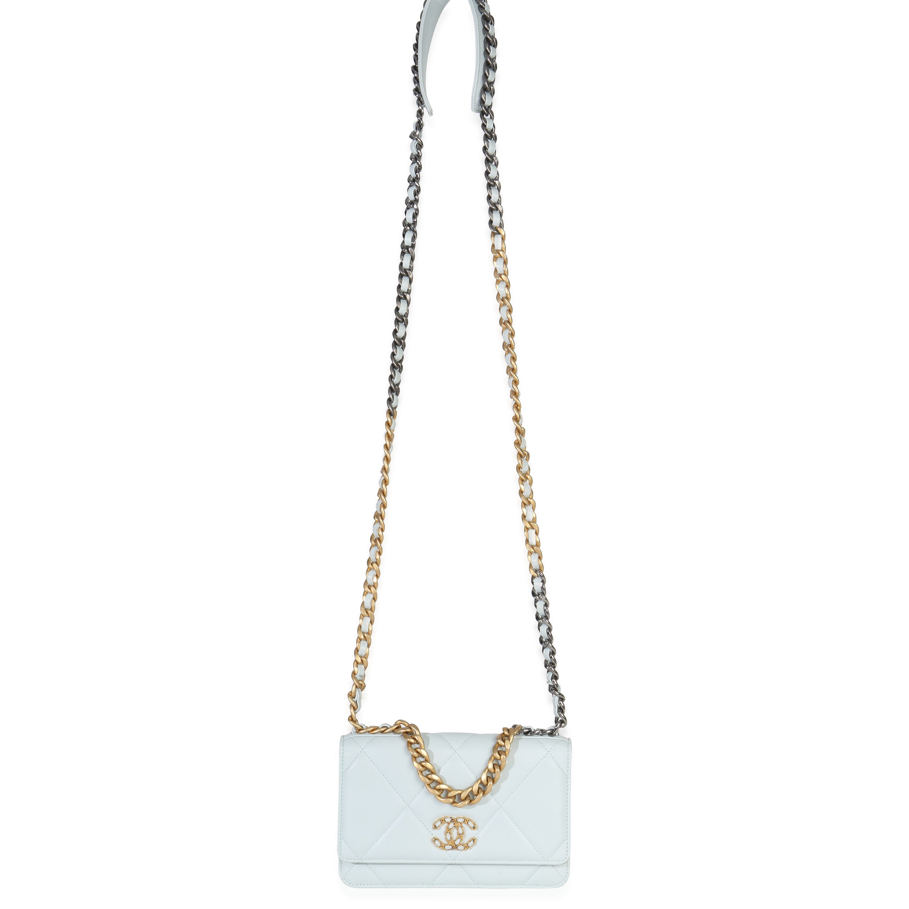 Pale Blue Quilted Lambskin Chanel 19 Wallet on Chain