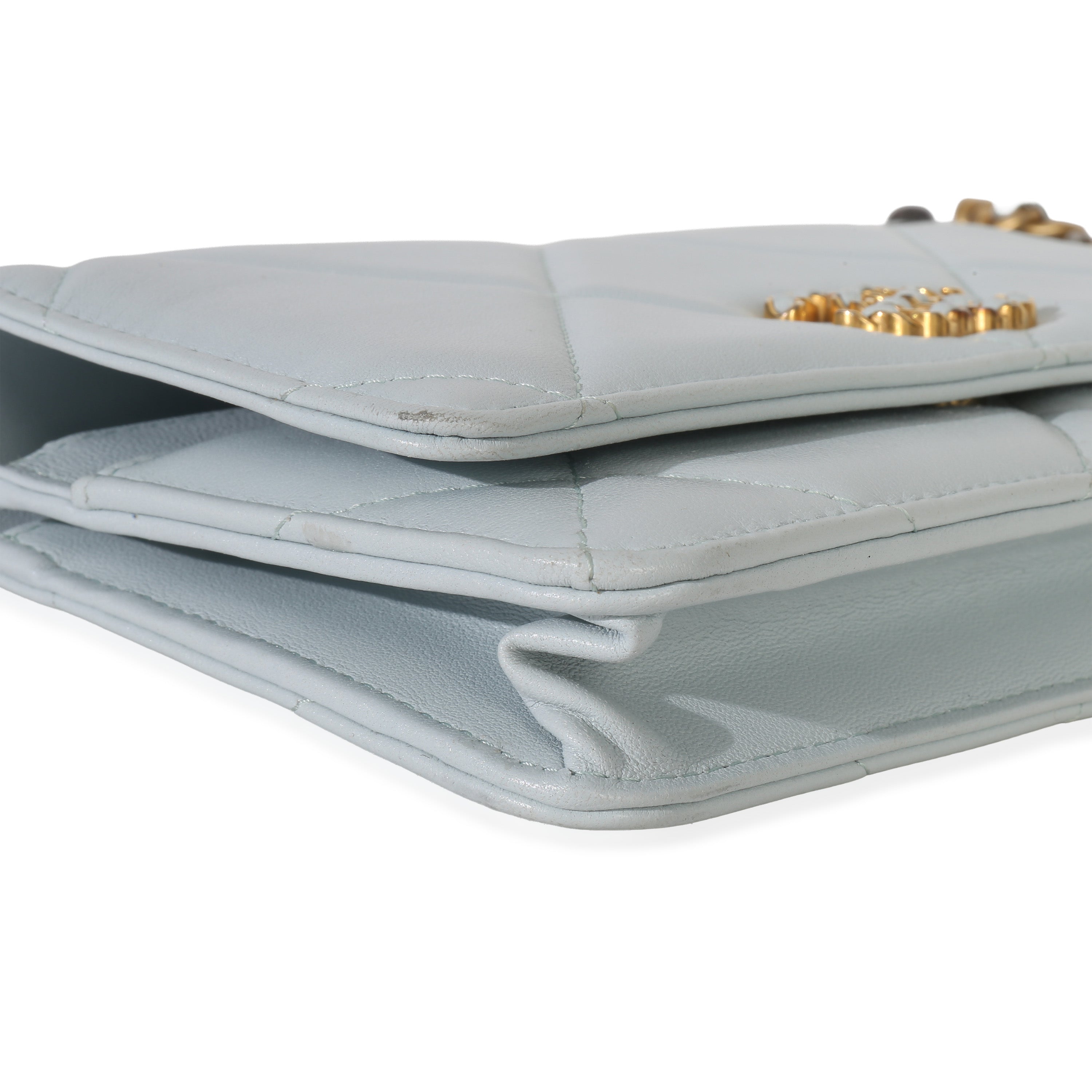Pale Blue Quilted Lambskin Chanel 19 Wallet on Chain