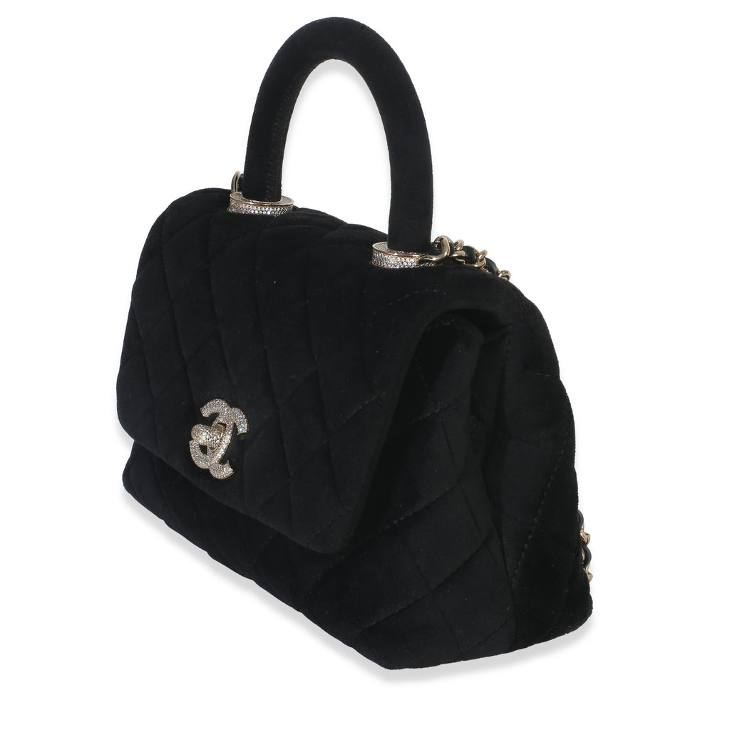 Black Quilted Velvet Crystal Extra Mini Coco Handle Flap Bag