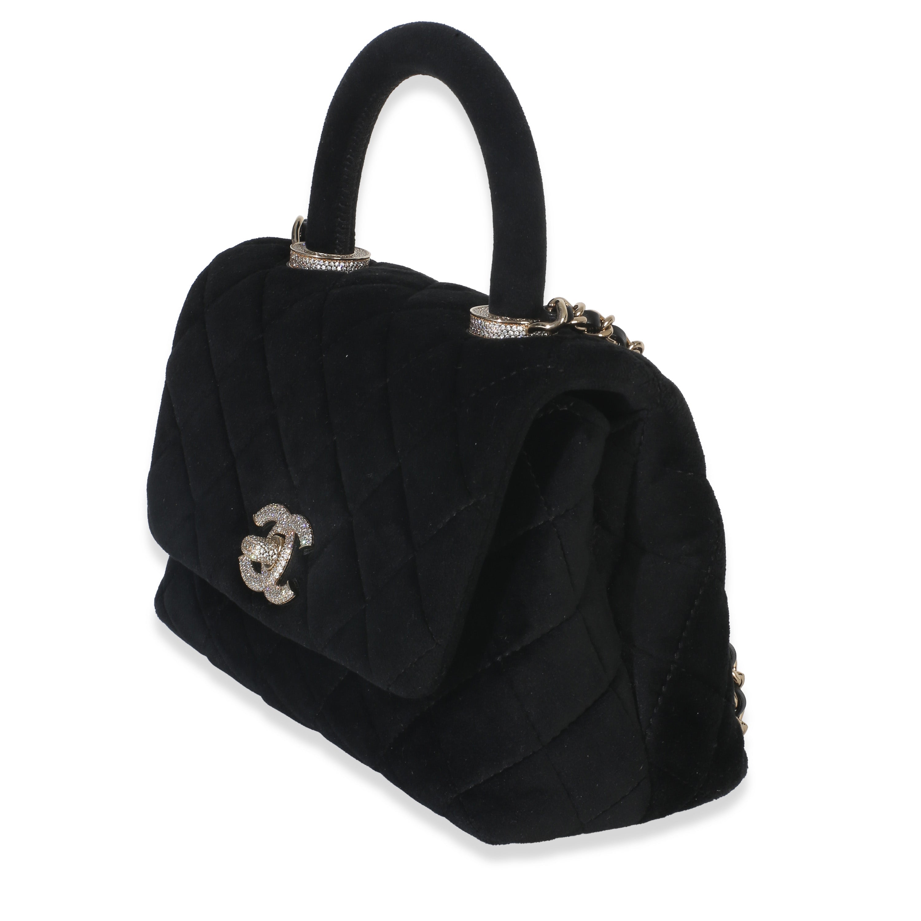 Black Quilted Velvet Crystal Extra Mini Coco Handle Flap Bag